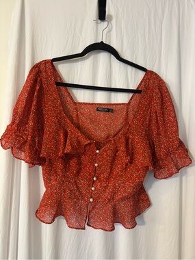 Nasty Gal Red Floral Ruffle Peasant Button Top. Size 10, Just adorable 🥰